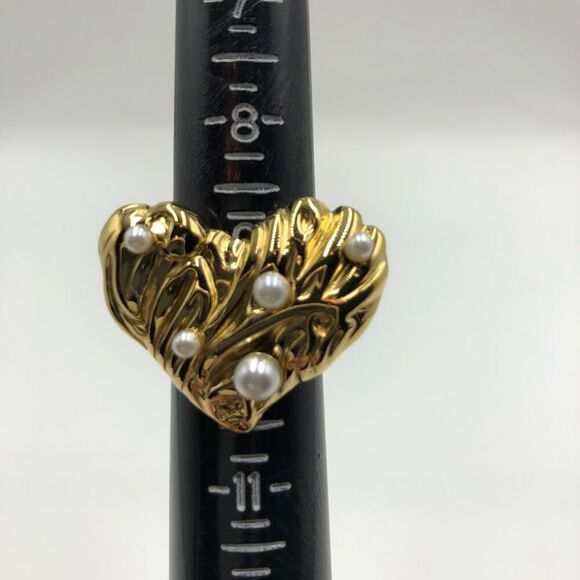 18K Gold Plated Women's Statement Heart Ring Faux Pearls Open Back Adjust Size - Picture 10 of 15